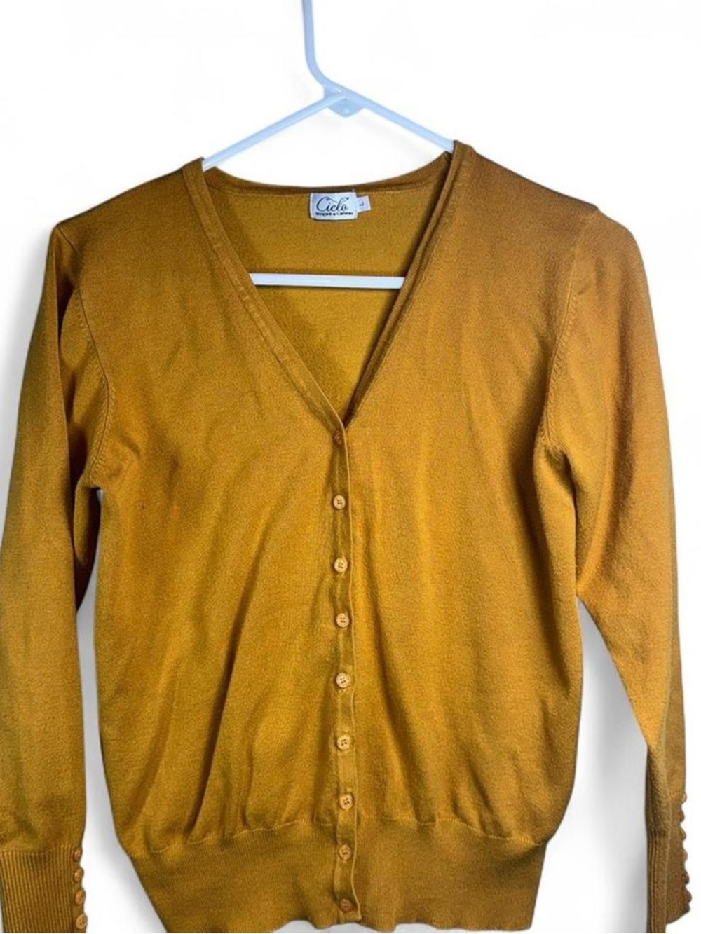 Cielo Mustard Yellow Button Front Cardigan Sweater Size L Soft Knit